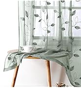 HOMEIDEAS Sage Green Sheer Curtains 52 X 63 Inches Length 2 Panels Embroidered Leaf Pattern Pocke...