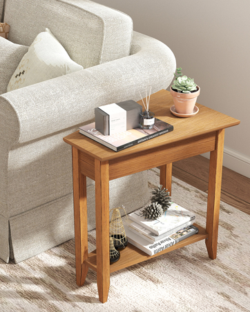 Wedge End Table, Triangle Side Table with Storage Shelf and Solid Wood Legs