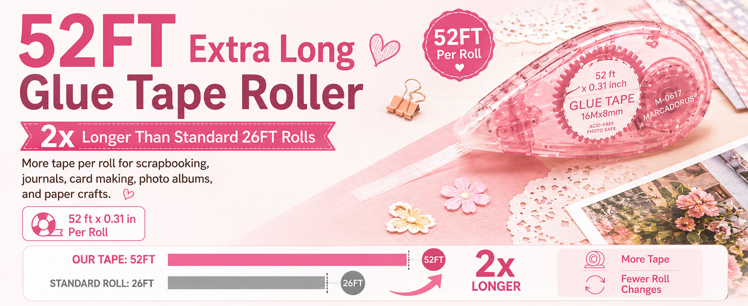 52 ft scrapbooking tape runner; tape roller for scrapbooking, cards, journals, albums and crafts.