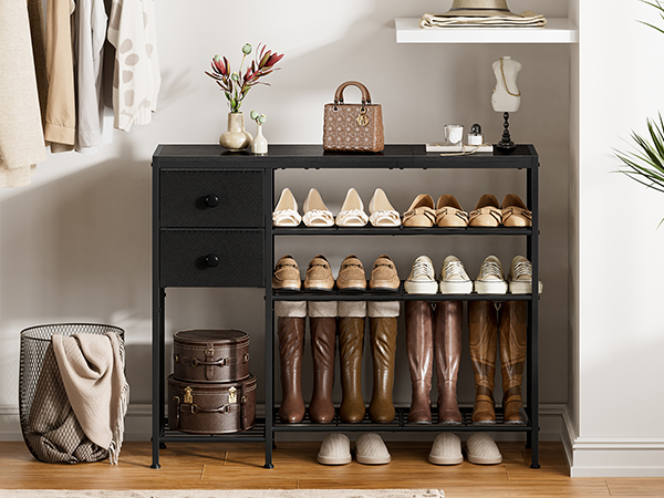 5-Tier Shoe Rack with 2 Fabric Drawers, Metal Frame and Wooden Board Shoe Organizer for 16-20 Pairs