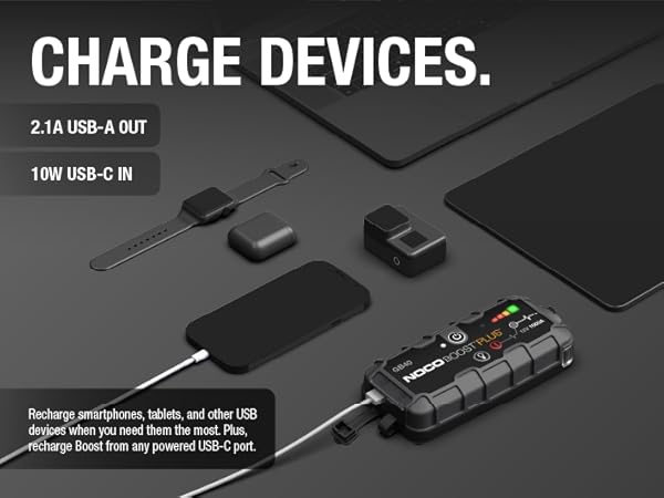Charge devices. 2.1A USB in and out charging for any mobile devices.