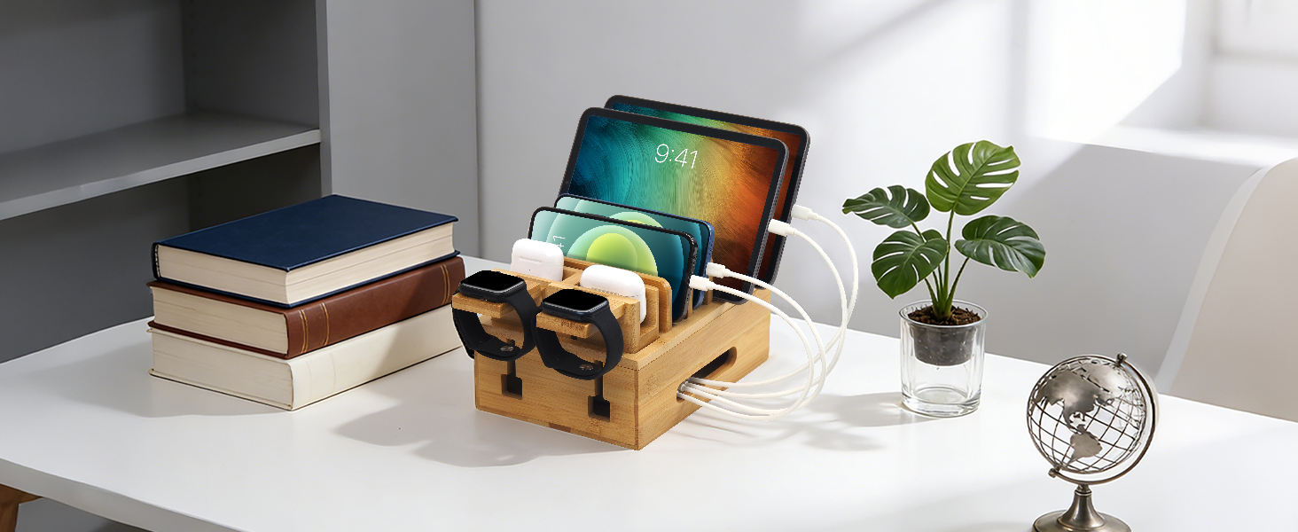 Bamboo charging station organizer for multi devices