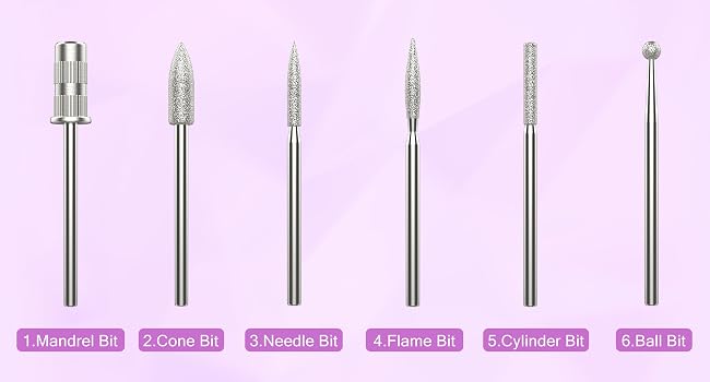 with 6 diamond nail drill bits 3/32" , flame bit, cone bit, barrel bit, ball bit