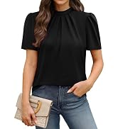 WIHOLL Womens Tops Short Puff Sleeve Shirts Mock Neck Pleated Spring Blouses Dressy Casual Busine...