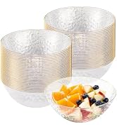 realluck 50 Pack Clear Gold Rim Bowls, 16oz Hammered Hard Plastic Soup Bowls Disposable Heavy Dut...