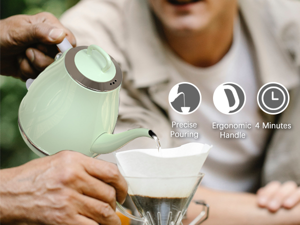 precise pouring, ergonomic handle, 4 minutes to boil a pot of water