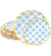LIKAJON 50 Pcs Blue and White Checkered Paper Plates, 25 Pcs 9" and 25 Pcs 7" Disposable Blue Gin...