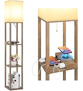 Mlambert Modern Shelf Floor Lamp with Wireless Charger & Fast Charging USB Ports & Type C Port & ...