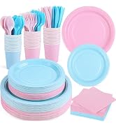 durony 350 Pieces Baby Gender Reveal Party Supplies Light Pink Light Blue Paper Plates Sever 50 G...