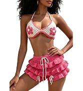 Women's Summer 2 Piece Crochet Beach Swimsuits Vacation Outfits Floral Bra Tops Drawstring Ruffle...