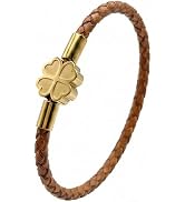 Leporem Lucky Clover Braided Genuine Leather Unisex Bracelet, 3mm Brown/Black with 18K Gold-Plate...