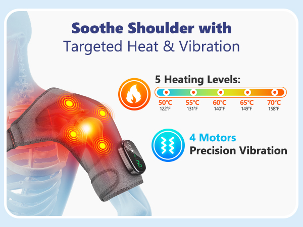 Heated shoulder wrap with 5 heat settings and 4 massage motors for deep tissue relief.