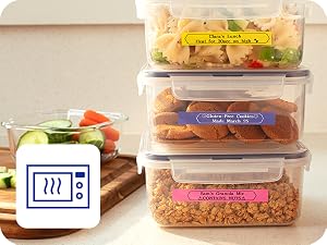 Icon of microwave, photo of meal prep containers with Brother P-touch BTAG labels with contents