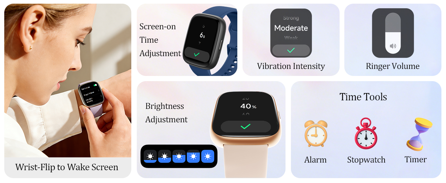 Text reads: 'Wrist Flip to Wake Screen', 'Brightness Adjustment', 'Vibration Intensity', 'Alarm', 'Stopwatch', 'Timer', 'Finger Pulses'. Smartwatch features diagram showing interface and functions.