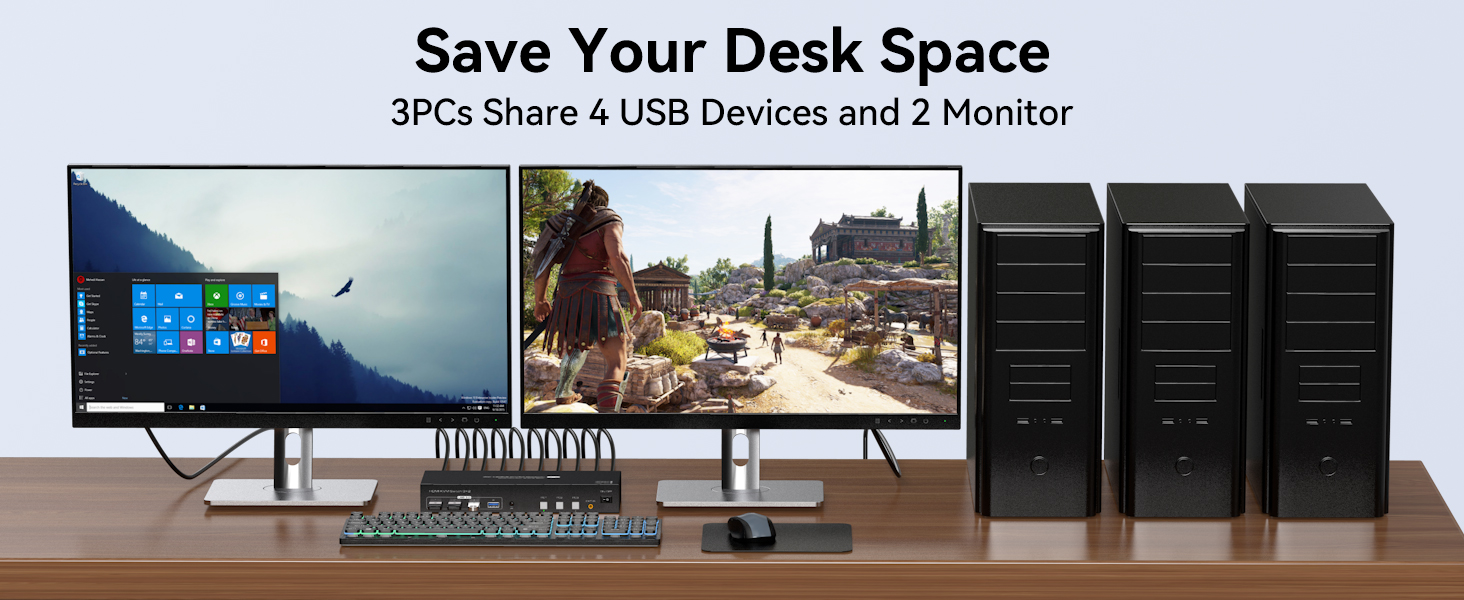Desktop setup showing multiple monitors and computer towers connected through USB sharing system, with text 'Save Your Desk Space' above.