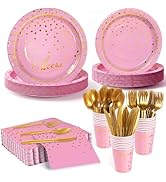Disposable Pink Paper Plates Mother's Day Party Supplies for 24 Guests, 168 Pcs Party Plates, Cup...