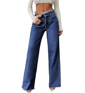 Astylish Womens High Waisted Raw Hem Jeans Stretchy Wide Leg Frayed Straight Denim Pants