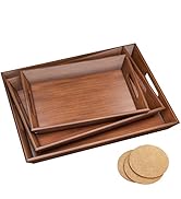 BAMEOS Serving Tray with Handles Set of 3 Wood Nesting Bed Tray with 3 Coasters Food Couch Tray W...