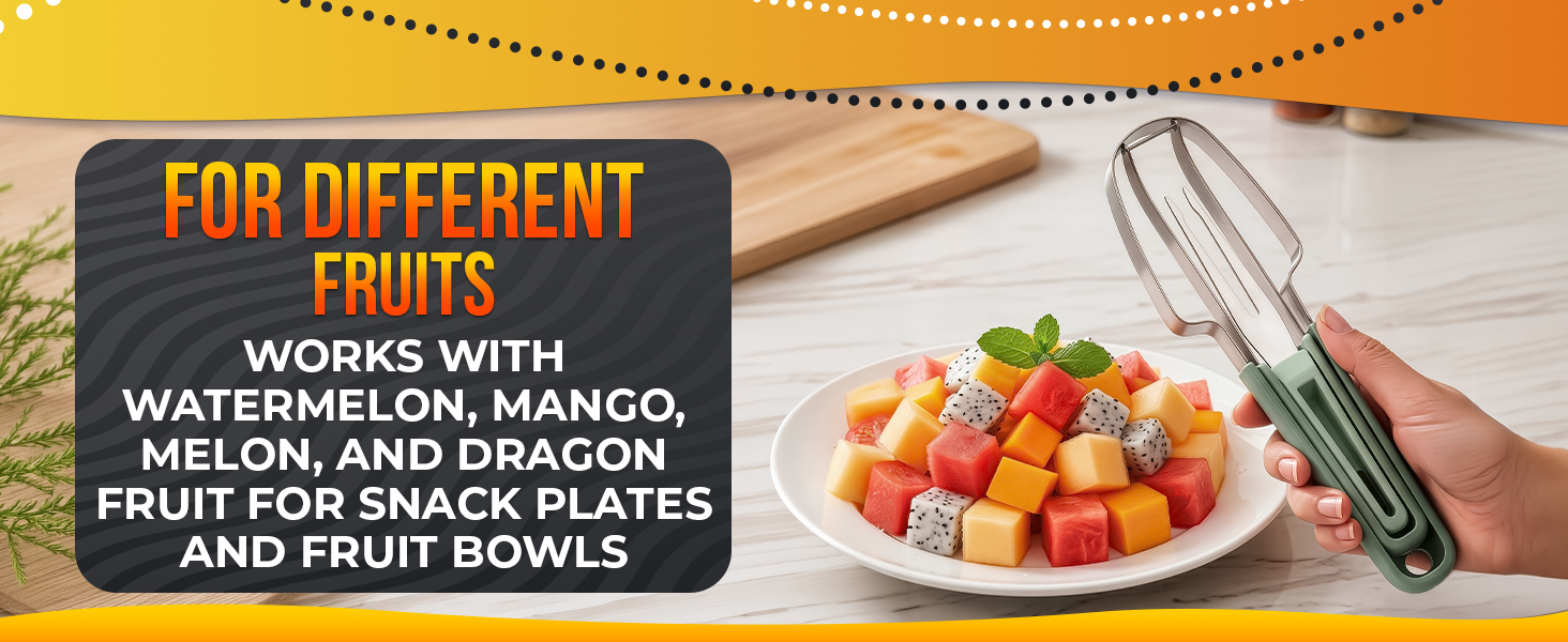 Stainless fruit fork lifts a melon cube over a bowl of mixed berries, orange, papaya, and yogurt