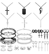 NEWITIN 31 Pieces Stainless Steel Jewelry Set for Men Black Silver Chain Necklace Bracelet Cross ...