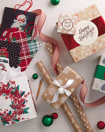 Rustic Christmas gift bags and kraft wrapping paper with boxes