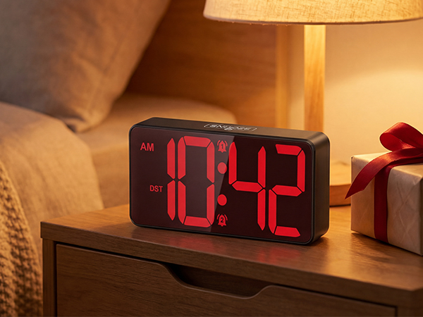 Digital Clock for Bedroom, Battery Powered Bedside Alarm Clock with 4 Adjustable Brightness