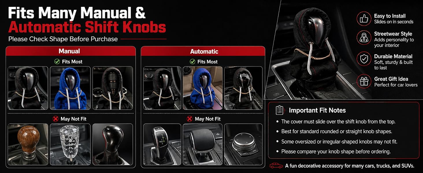 Fit guide for manual and automatic shift knobs, with compatible and incompatible shape examples.