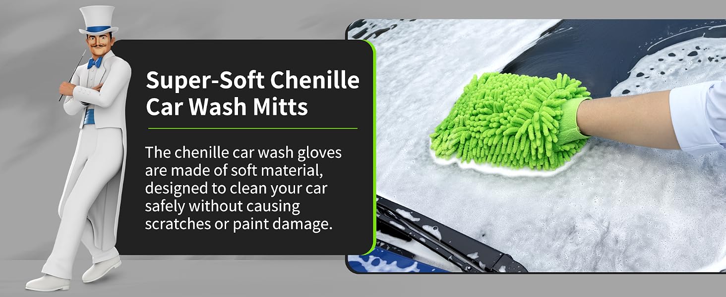 Text reads 'Super-Soft Chenille Car Wash Mitts' and 'The chenille car wash gloves are made of soft material, which protects your car surface safely without causing scratches or paint damage.' Shows bright green cleaning mitt in use.