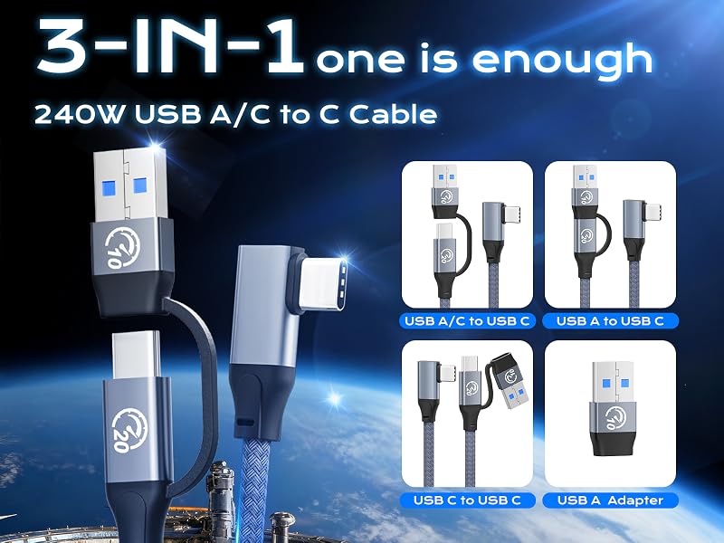 3 in1 240w usb c to usb a cable 100w adapter fast charge