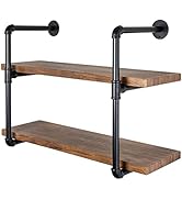 Honey-Can-Do Industrial Pipe Shelf Bracket, 2 Tiers Retro Wall Mounted Floating Shelf, Wood DIY B...