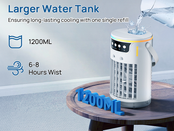 Mini ac for desk with a 1200ml tank for up to 7 hours of uninterrupted cooling mist