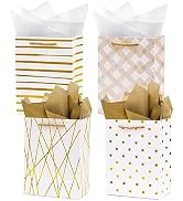 Nihuecne 4 Pack 9" White and Gold Gift Bags with Tissue Paper, 4 Designs | 9"H x 7"W x 4"D, with ...