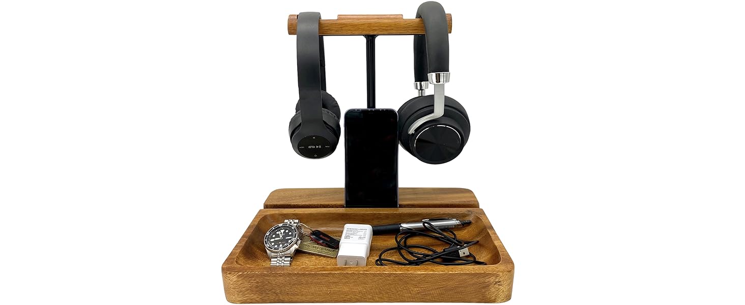 Soporte de auriculares iPad y cellular wood dual headset iPhone stand holder desk organizer tray