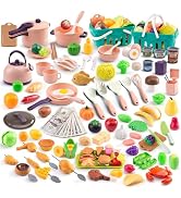 240Pcs Kids Mini Play Kitchen Accessories, Play Pans, Pots, Cookware with Desserts, Cuttable Vegg...