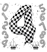 Large Foil Number 4 Balloons, 40 Inch Black and White Checkered 4 Balloon for Boys, Helium Self I...