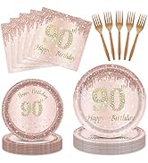 Funhax 96Pcs 90th Birthday Decorations for Women Rose Gold 90th Birthday Party Plates Rose Gold P...