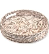 Round Rattan Tray, Hand Woven Serving Tray with Handles, Wicker Serving Basket, Decorative Tray f...