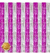 BEISHIDA Hot Pink Silver Door Streamers Backdrop Foil Fringe Tinsel Party Streamers Curtains Phot...