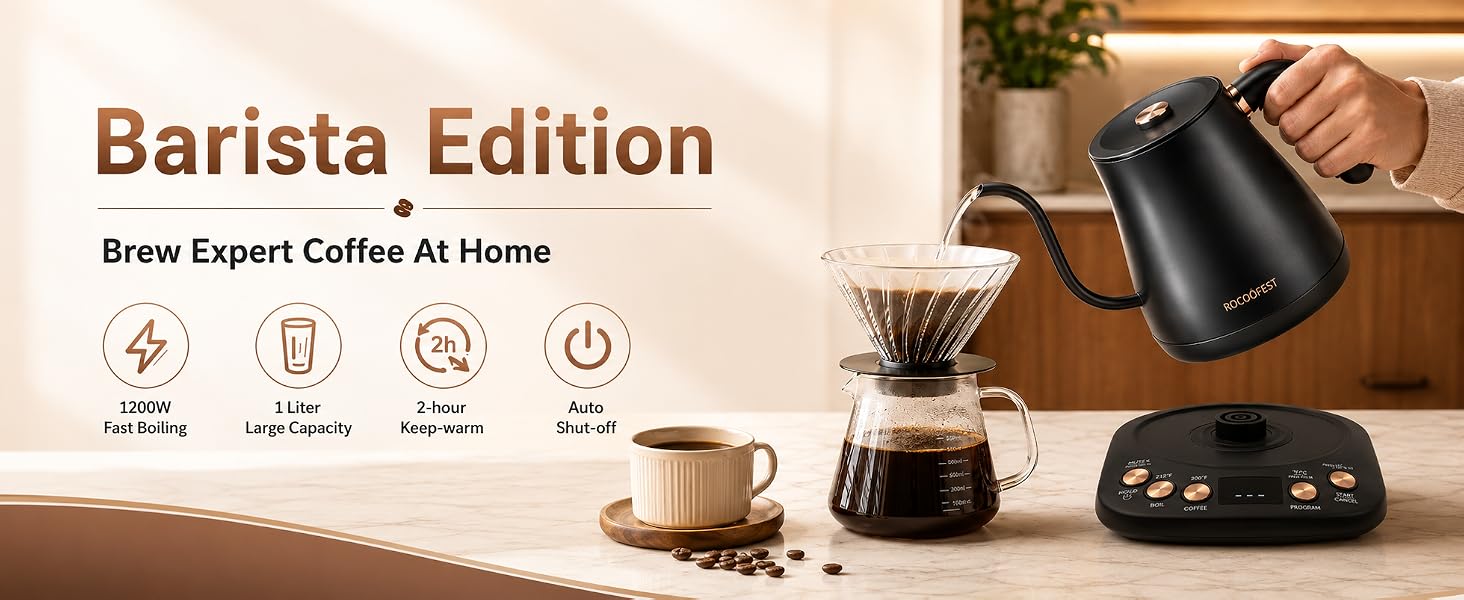 Side view of an electric gooseneck kettle, sleek design for professional coffee brewing