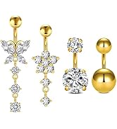 QWALIT Belly Rings - Short Bar Belly Button Rings in Surgical Steel with Opal Stones - 6mm & 10mm