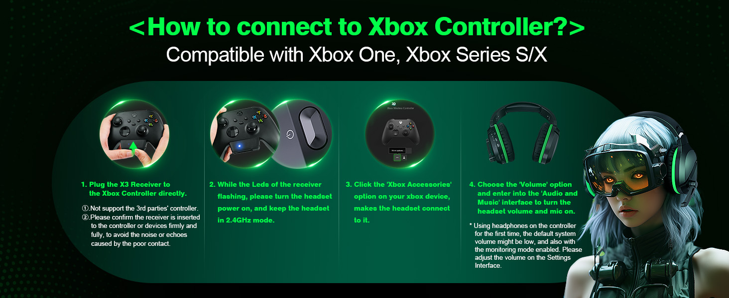 Xbox controller connection guide showing step-by-step instructions with icons for connecting controllers and headsets to Xbox One and Series S/X consoles.