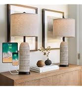 OYEARS 26.5" Bedside Table Lamps Set of 2, Farmhouse Table Lamp with USB A+C Charging Ports,Vinta...