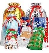 HOIIOH 40-Pack Christmas Drawstring Gift Bags with Tags, Assorted Sizes Reusable Foil Gift Wrappi...