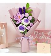 ZHIYUXI Purple Crochet Flower Bouquet Handmade Yarn Roses and Tulips Eternal Flowers for Wedding ...