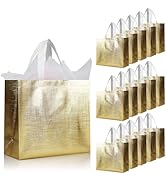 cabzymx 16 Pcs Glossy Gold Reusable Gift Bags, Metallic Bling Design Holiday Goodie Bags with Han...