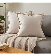 Topfinel Beige Decorative Couch Pillow Cover 18x18 Inch Set of 2?Farmhouse Linen Edges Trimmed Ac...