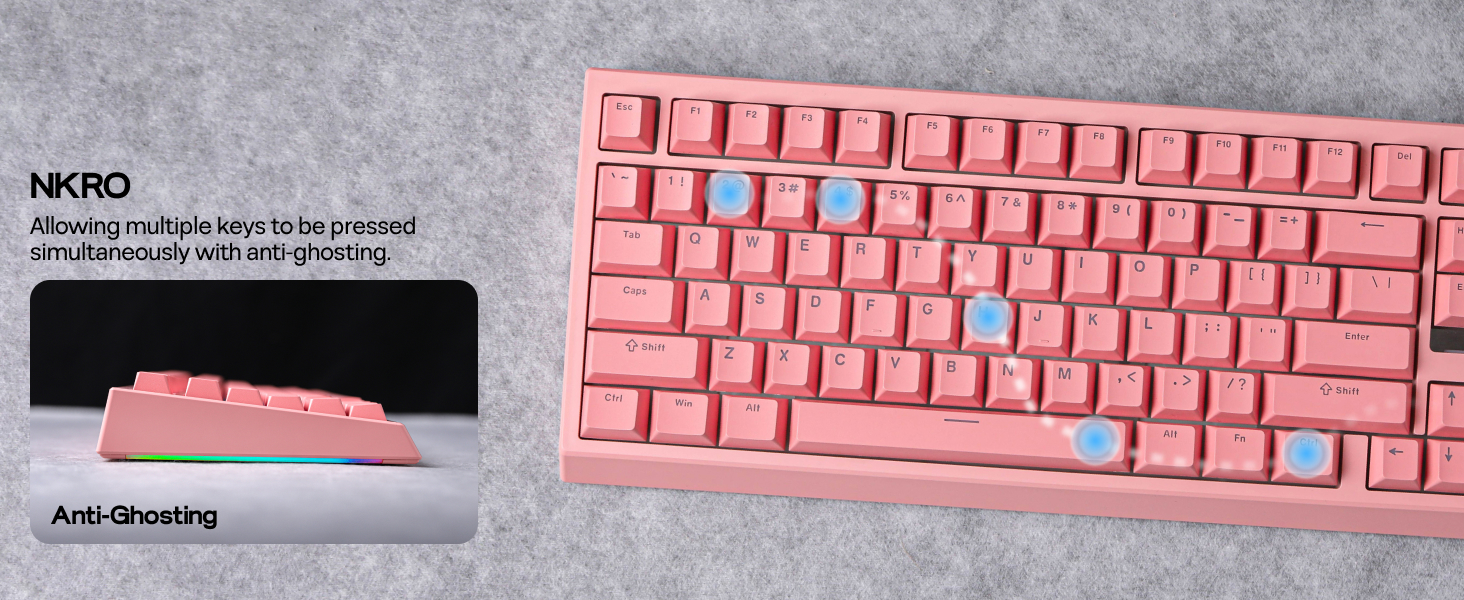 Pink mechanical keyboard with blue accent keys. Features anti-ghosting technology and aluminum alloy construction. Angled view shows slim profile and compact design.