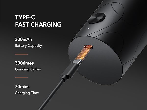FORLIM electric grinder charging with USB-C cable, 300mAh battery and 70-minute charge time