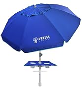 AMMSUN 7ft Heavy Duty High Wind Beach Umbrella with sand anchor, Built-in Table Tray Vent Tilt Po...