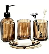 Amber Glass Accessories Set, 4PCS Bathroom Set Include Lotion Soap Dispenser, Toothbrush Holder, ...